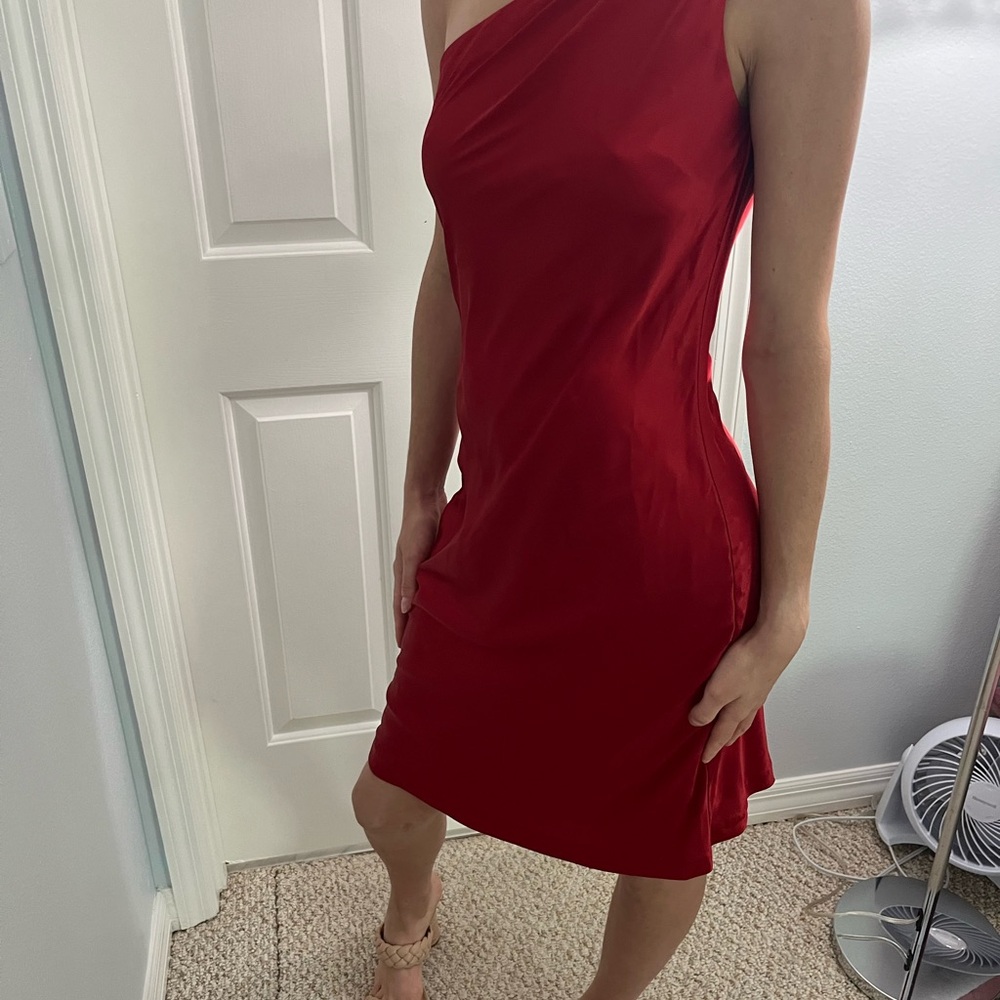 Red Satin Knee-Length Dress - One Shoulder